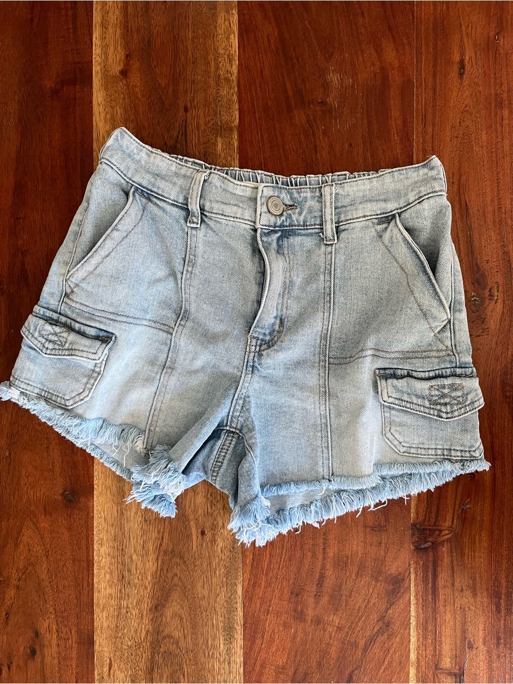 SO Denim High Rise Utility Frayed-Hem Shorts